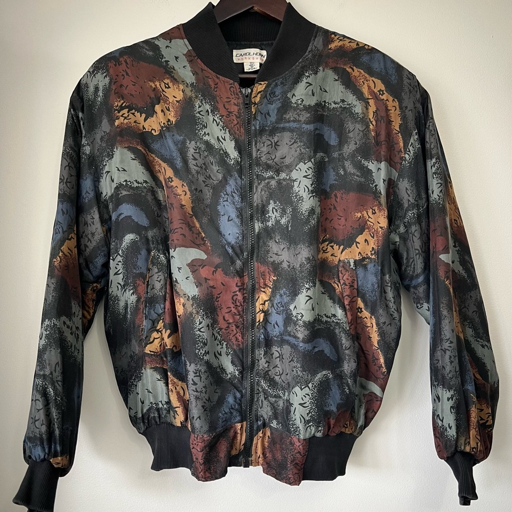 Vintage Silk Bomber Jacket Carol Horn Size Small 80s 90s Zip Up Abstract Retro